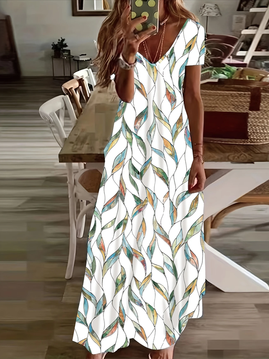 Damen Geblümt Kurzarm Sommer Print Kleid V-Ausschnitt Täglich Lässig Maxikleid X-Linie Kleid