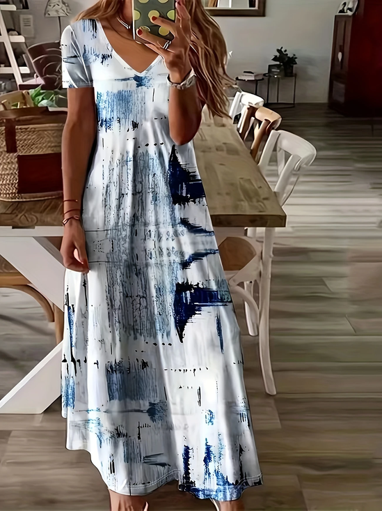 Damen Abstrakt Kurzarm Sommer Print Kleid V-Ausschnitt Täglich Lässig Maxikleid X-Linie Kleid
