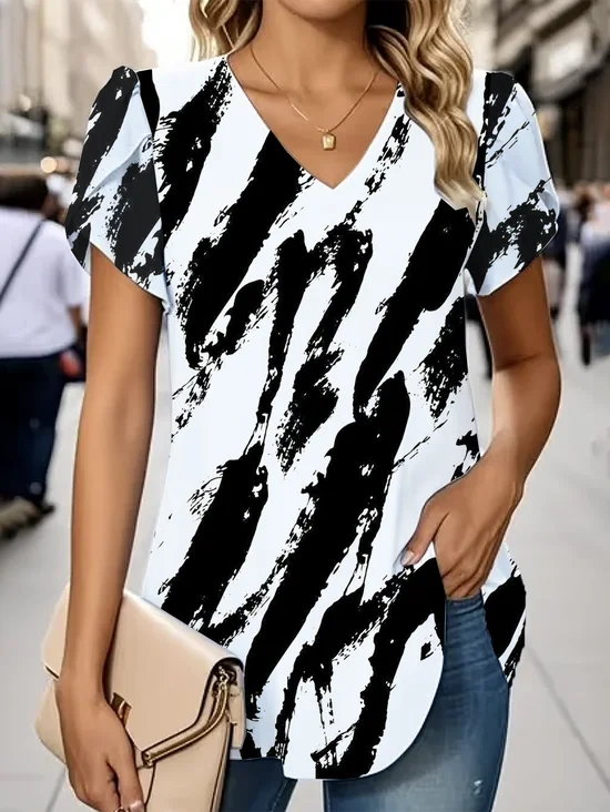 Damen Abstrakt Kurzarm T-Shirts T-Shirt V-Ausschnitt Print Lässig Sommer T-Shirt mit Grafik Oberteile