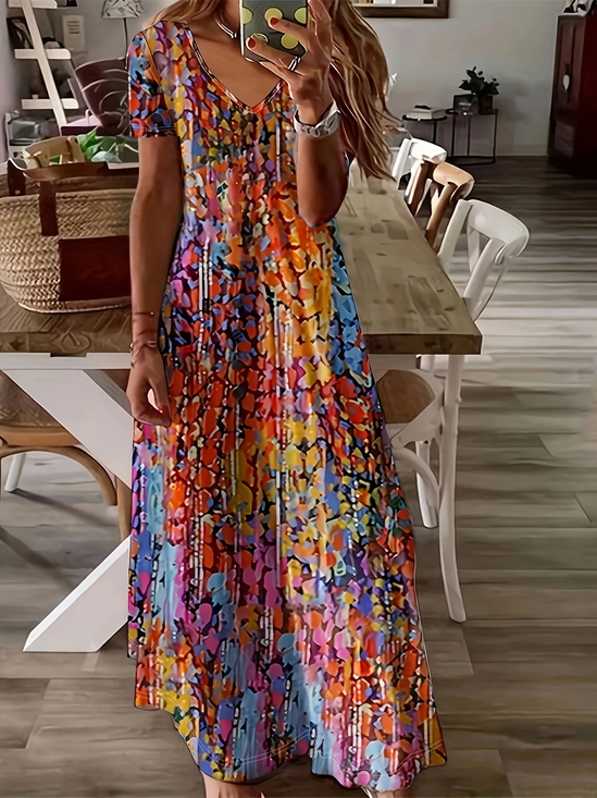 Damen Abstrakt Kurzarm Sommer Print Kleid V-Ausschnitt Täglich Lässig Maxikleid X-Linie Kleid