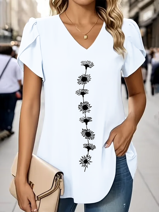Damen Geblümt Kurzarm T-Shirts T-Shirt V-Ausschnitt Print Lässig Sommer T-Shirt mit Grafik Oberteile