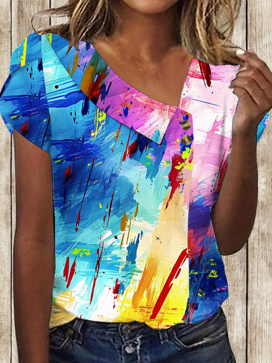 Damen Geometrisch Kurzarm T-Shirts T-Shirt Asymmetrisch Schnalle Retro Sommer Oberteile