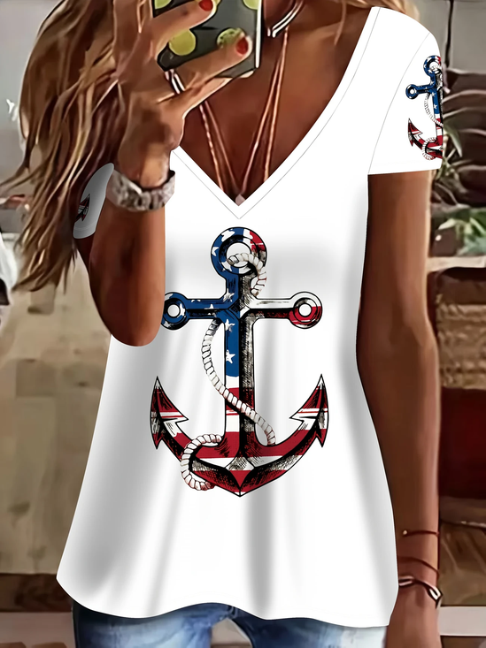 Damen Anker Kurzarm T-Shirts T-Shirt V-Ausschnitt Print Lässig Sommer T-Shirt mit Grafik Oberteile