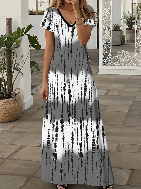 Damen abstrakte Streifen Kurzarm Sommer Print Kleid V-Ausschnitt Täglich Lässig Maxikleid X-Linie Kleid