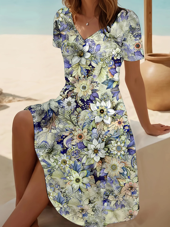 Damen Geblümt Kurzarm Sommer Print Kleid V-Ausschnitt Täglich Lässig Midi Passen & Flare Kleid A-Linien-Kleid