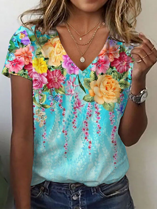 Damen Geblümt Kurzarm T-Shirts T-Shirt V-Ausschnitt Print Lässig Sommer T-Shirt mit Grafik Oberteile