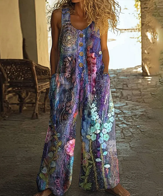 Damen Geblümt Rundhals Ärmellos Lässig Sommer Jumpsuit