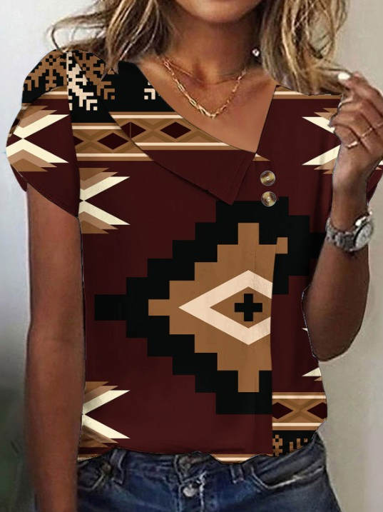 Damen Geometrisch Kurzarm T-Shirts T-Shirt Asymmetrisch Schnalle Retro Sommer Oberteile