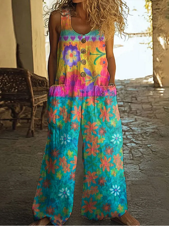 Damen Geblümt Rundhals Ärmellos Lässig Sommer Jumpsuit