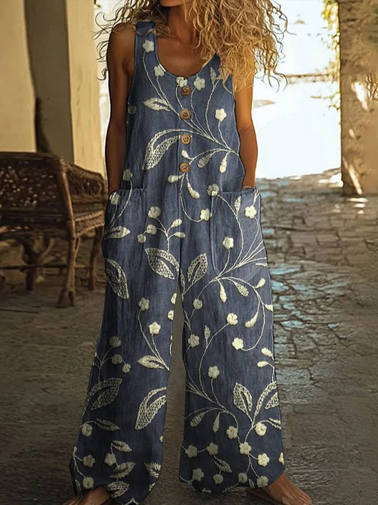 Damen Geblümt Rundhals Ärmellos Lässig Sommer Jumpsuit