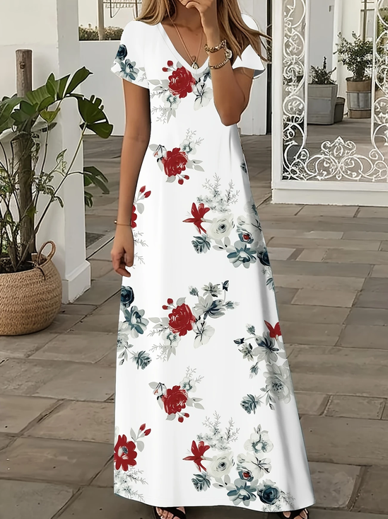Damen Geblümt Kurzarm Sommer Print Kleid V-Ausschnitt Täglich Lässig Maxikleid X-Linie Kleid
