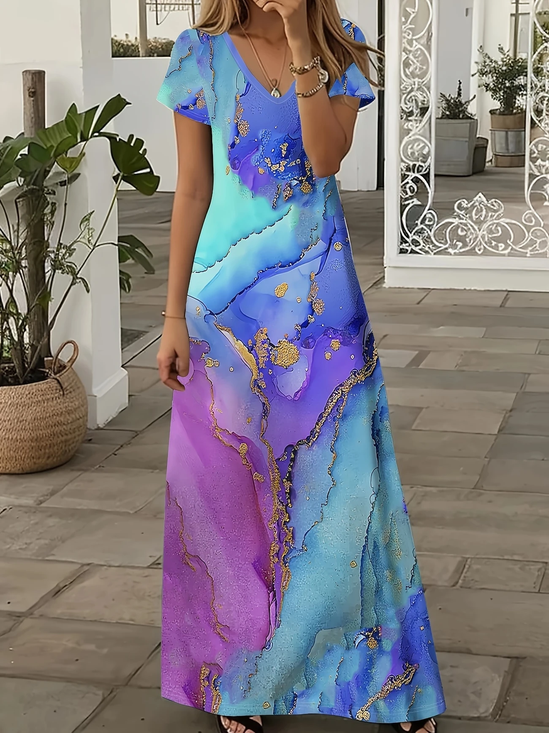 Damen Abstrakt Kurzarm Sommer Print Kleid V-Ausschnitt Täglich Lässig Maxikleid X-Linie Kleid