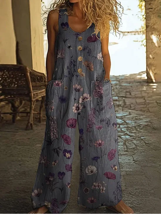 Damen Geblümt Rundhals Ärmellos Lässig Sommer Jumpsuit