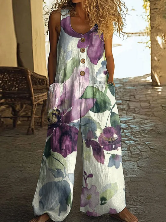 Damen Geblümt Rundhals Ärmellos Lässig Sommer Jumpsuit