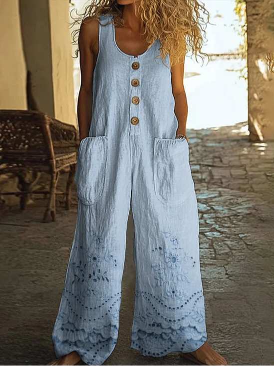 Damen Geblümt Rundhals Ärmellos Lässig Sommer Jumpsuit