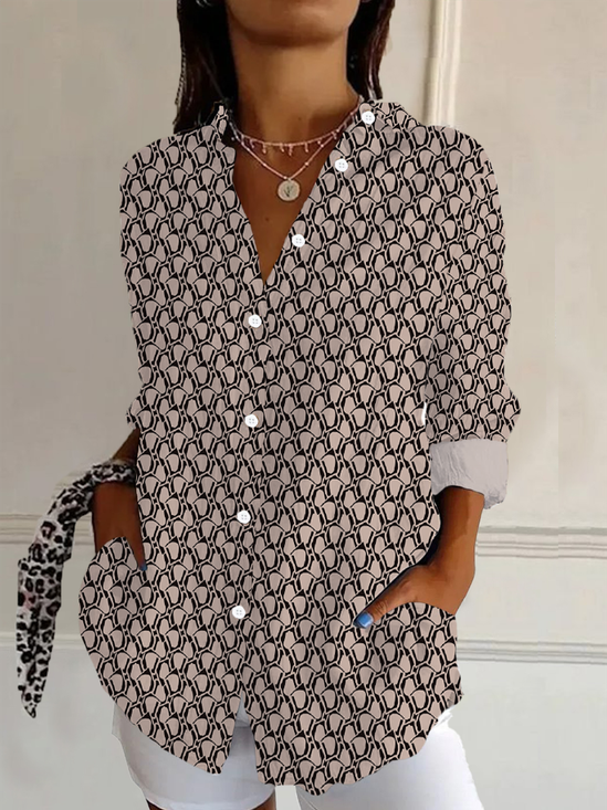 Damen Geometrisch Langarm Bluse Frühling/Herbst Schnalle Hemdkragen Täglich Lässig Oberteile