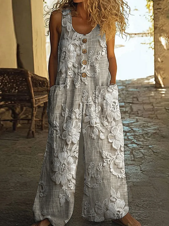 Damen Geblümt Rundhals Ärmellos Lässig Sommer Jumpsuit