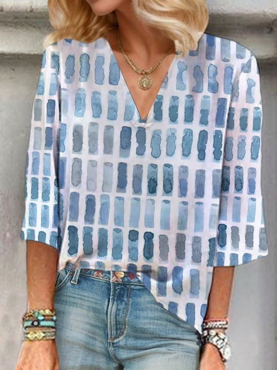 Damen Geometrisch Dreiviertelärmel Bluse Frühling/Herbst Print V-Ausschnitt Täglich Lässig Oberteile