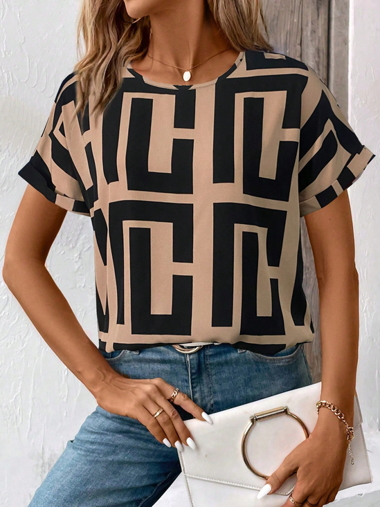 Damen Geometrisch Kurzarm T-Shirts T-Shirt Rundhals Print Lässig Sommer T-Shirt mit Grafik Oberteile