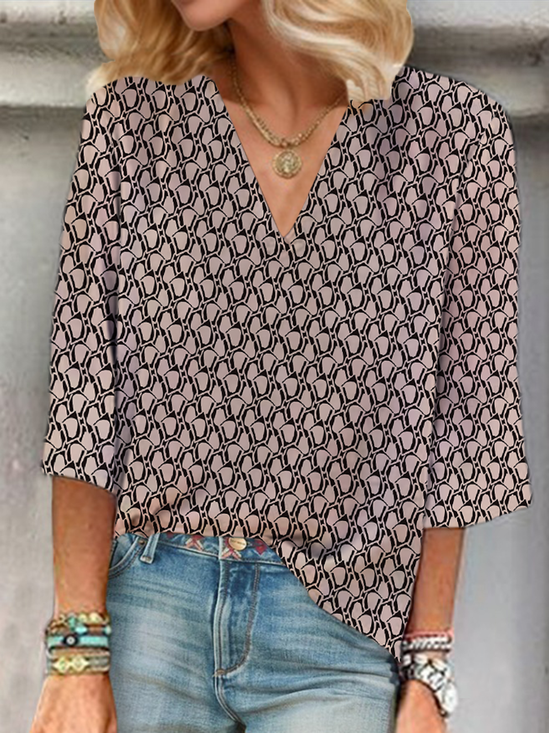 Damen Geometrisch Dreiviertelärmel Bluse Frühling/Herbst Print V-Ausschnitt Täglich Lässig Oberteile