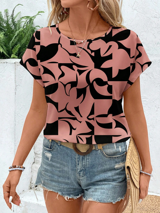 Damen Geometrisch Kurzarm T-Shirts T-Shirt Rundhals Print Lässig Sommer T-Shirt mit Grafik Oberteile