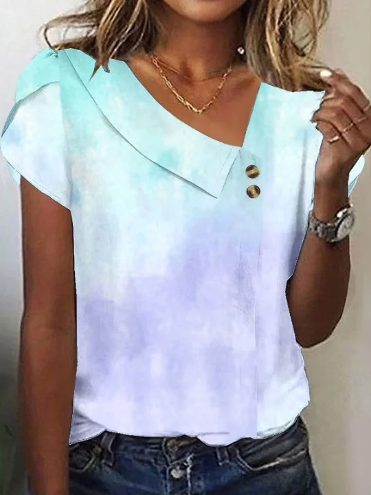 Damen Geometrisch Kurzarm T-Shirts T-Shirt Asymmetrisch Schnalle Retro Sommer Oberteile