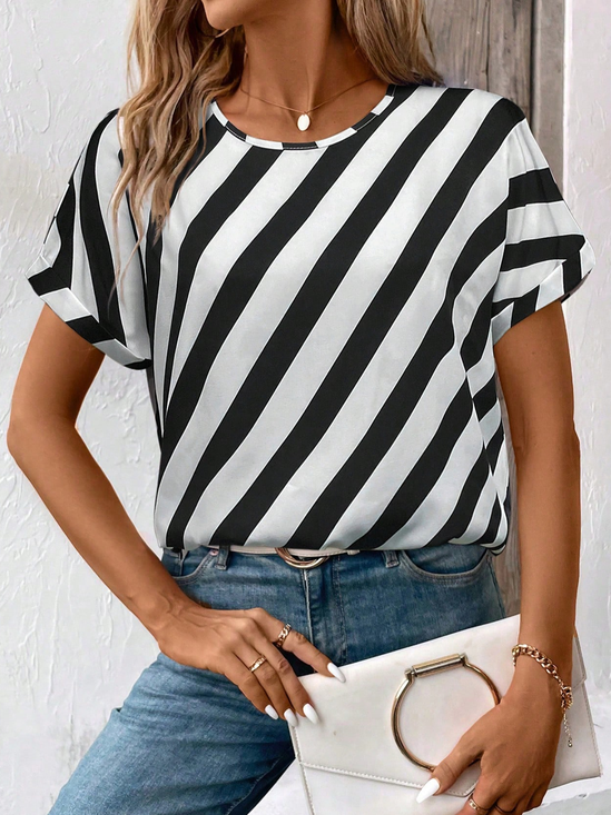 Damen Gestreift Kurzarm T-Shirts T-Shirt Rundhals Print Lässig Sommer T-Shirt mit Grafik Oberteile