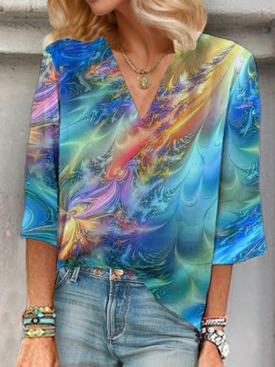 Damen Abstrakt Dreiviertelärmel Bluse Frühling/Herbst Print V-Ausschnitt Täglich Lässig Oberteile