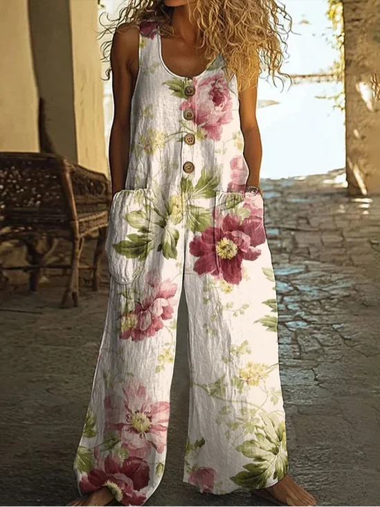 Damen Geblümt Rundhals Ärmellos Lässig Sommer Jumpsuit