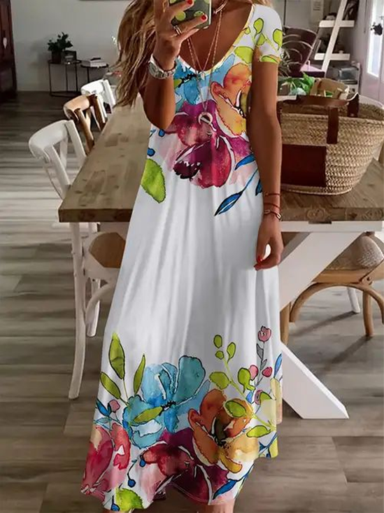 Damen Geblümt Kurzarm Sommer Print Kleid V-Ausschnitt Täglich Lässig Maxikleid X-Linie Kleid