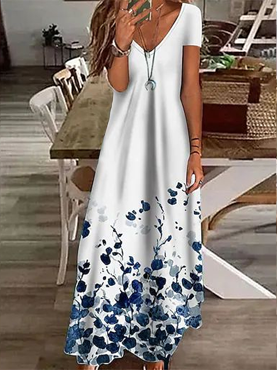 Damen Geblümt Kurzarm Sommer Print Kleid V-Ausschnitt Täglich Lässig Maxikleid X-Linie Kleid