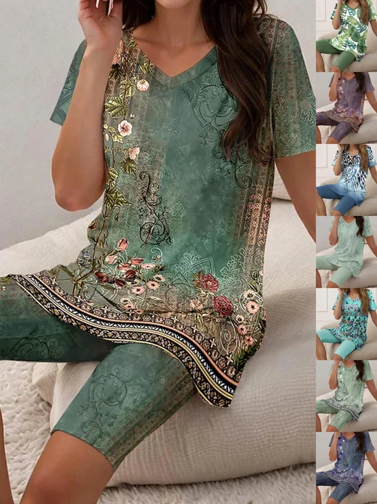 Damen Geblümt Zweiteiliges Set Täglich Kurzarm Lässig Sommer Bluse mit Hose Matching Set