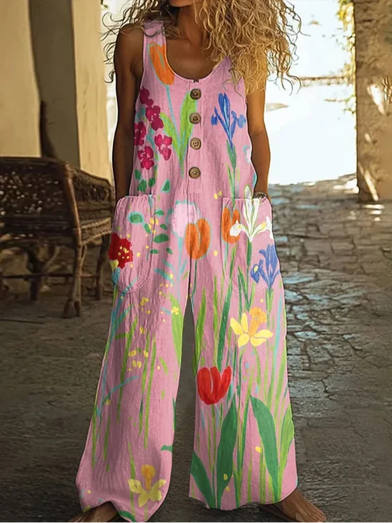 Damen Geblümt Rundhals Ärmellos Lässig Sommer Jumpsuit
