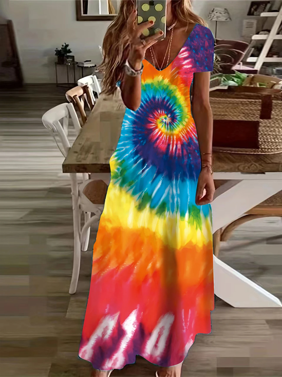 Damen Tie-Dye-Muster Kurzarm Sommer Print Kleid V-Ausschnitt Täglich Lässig Maxikleid X-Linie Kleid