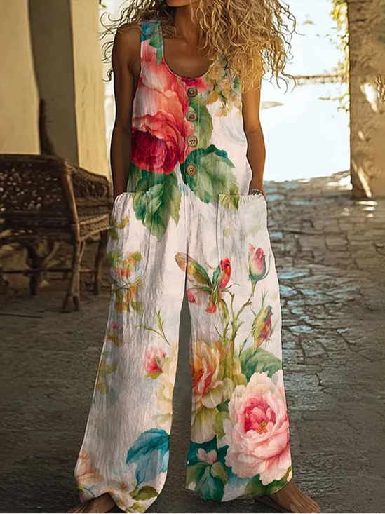Damen Geblümt Rundhals Ärmellos Lässig Sommer Jumpsuit