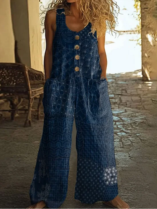 Damen Geometrisch Rundhals Ärmellos Lässig Sommer Jumpsuit