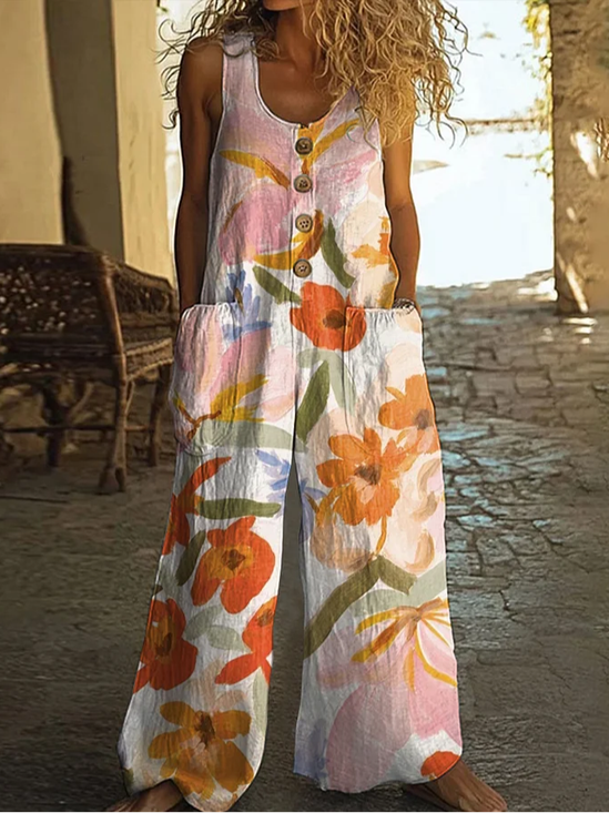 Damen Geblümt Rundhals Ärmellos Lässig Sommer Jumpsuit