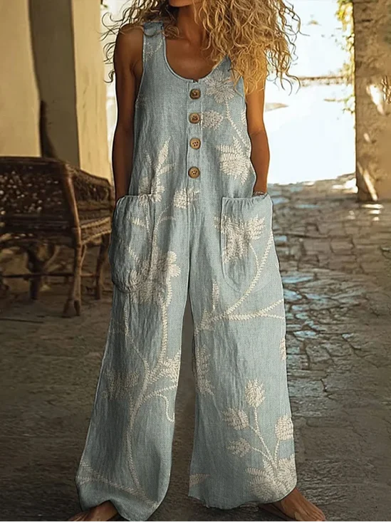 Damen Geblümt Rundhals Ärmellos Lässig Sommer Jumpsuit