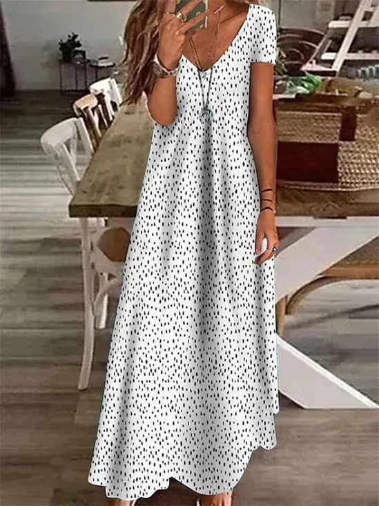Damen Polka Dots Kurzarm Sommer Print Kleid V-Ausschnitt Täglich Lässig Maxikleid X-Linie Kleid