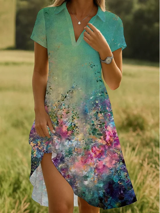 Damen Geblümt Kurzarm Sommer Print Kleid Schalkragen Täglich Lässig Knielänge A-Linien-Kleid