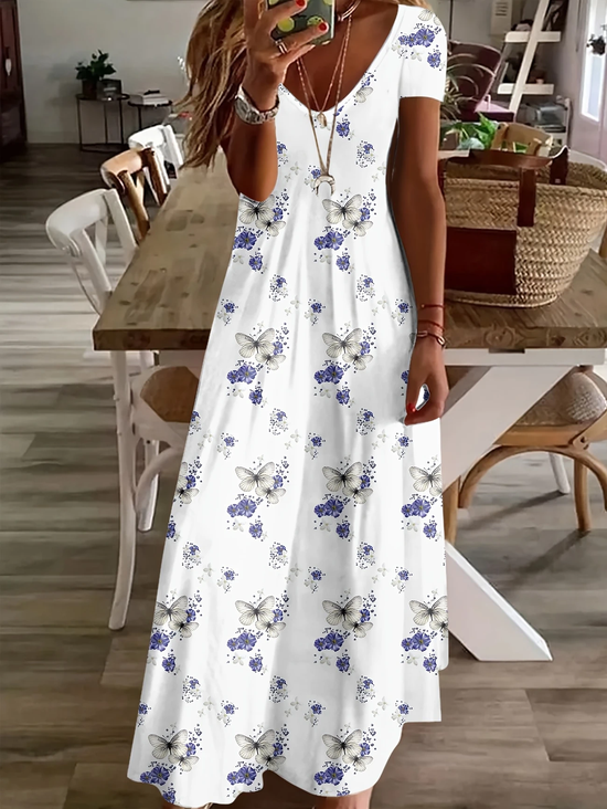 Damen Geblümt Kurzarm Sommer Print Kleid V-Ausschnitt Täglich Lässig Maxikleid X-Linie Kleid