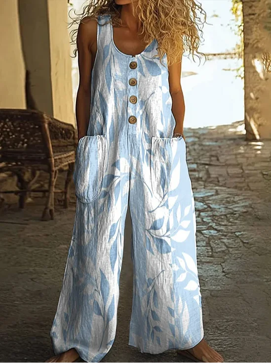 Damen Geblümt Rundhals Ärmellos Lässig Sommer Jumpsuit