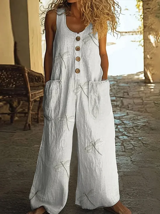 Damen Libelle Rundhals Ärmellos Lässig Sommer Jumpsuit