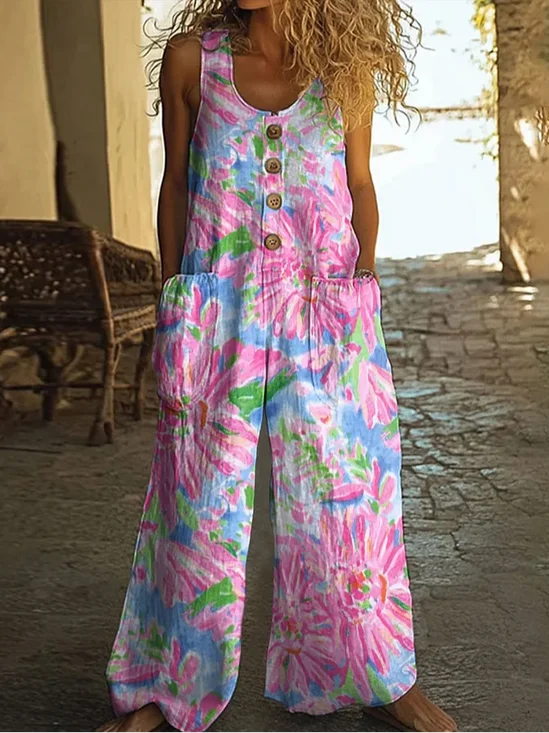 Damen Geblümt Rundhals Ärmellos Lässig Sommer Jumpsuit