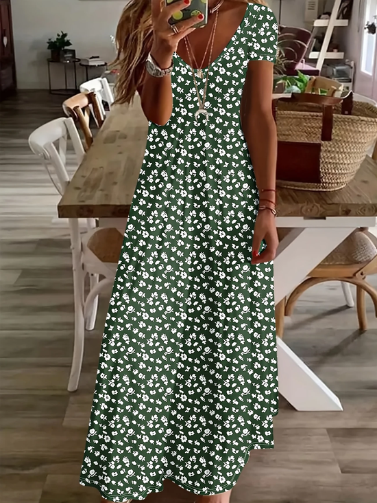 Damen Geblümt Kurzarm Sommer Print Kleid V-Ausschnitt Täglich Lässig Maxikleid X-Linie Kleid