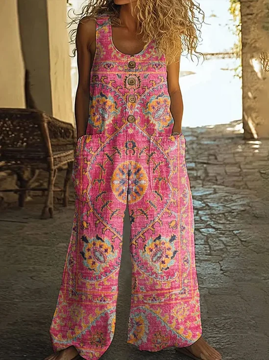 Damen Geblümt Rundhals Ärmellos Lässig Sommer Jumpsuit