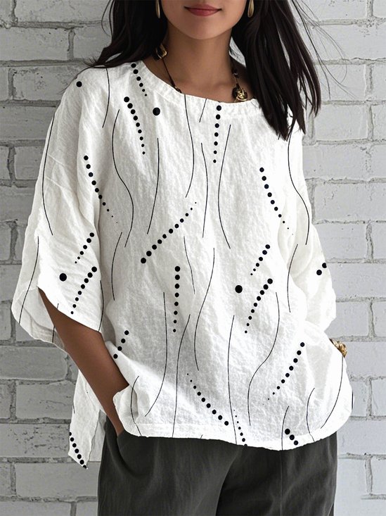 Damen Gestreift Halbarm Bluse Sommer Rundhals Täglich Retro Oberteile