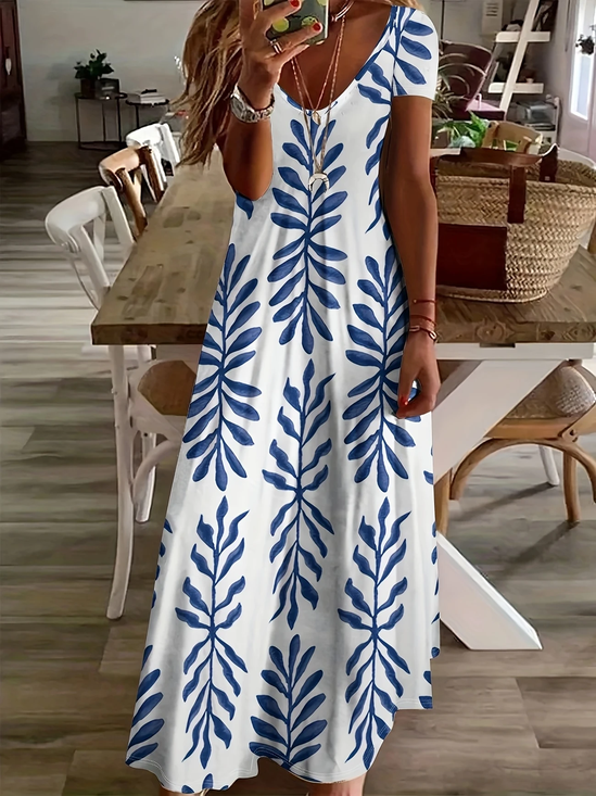 Damen Geblümt Kurzarm Sommer Print Kleid V-Ausschnitt Täglich Lässig Maxikleid X-Linie Kleid