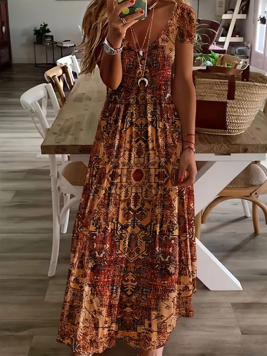 Damen Geblümt Kurzarm Sommer Print Kleid V-Ausschnitt Täglich Lässig Maxikleid X-Linie Kleid