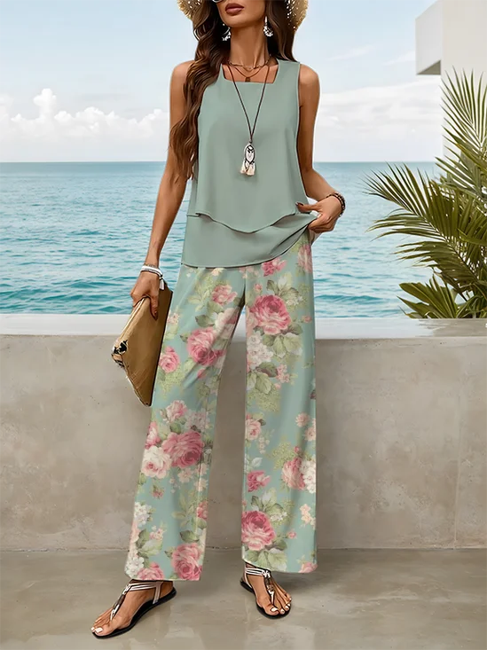 Damen Geblümt Print Zweiteiliges Set Täglich Ärmellos Lässig Sommer Bluse mit Hose Matching Set